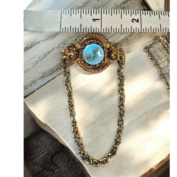 Mid-Century Painted Enamel Floral Brooch Ornate Gold Frame with Chain Drape - Picture 4 of 5